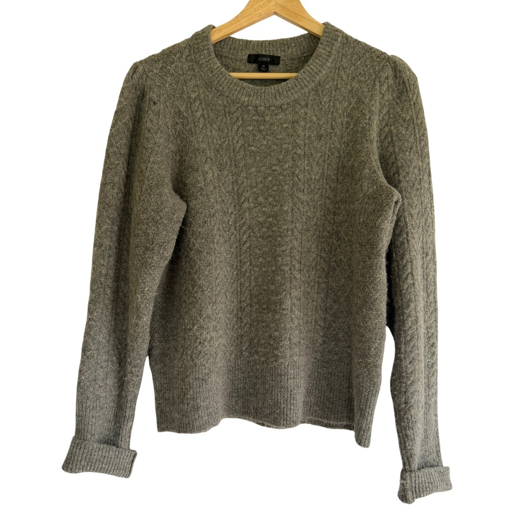 J.Crew Gray Merino Wool Alpaca Blend Cable Knit Puff Shoulder Sweater Medium